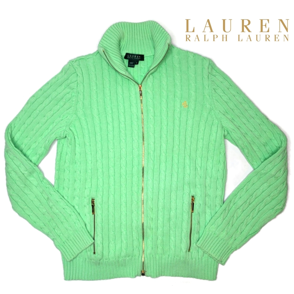Lauren raulph lauren cable knit green zip up sweater gold zipper and details.